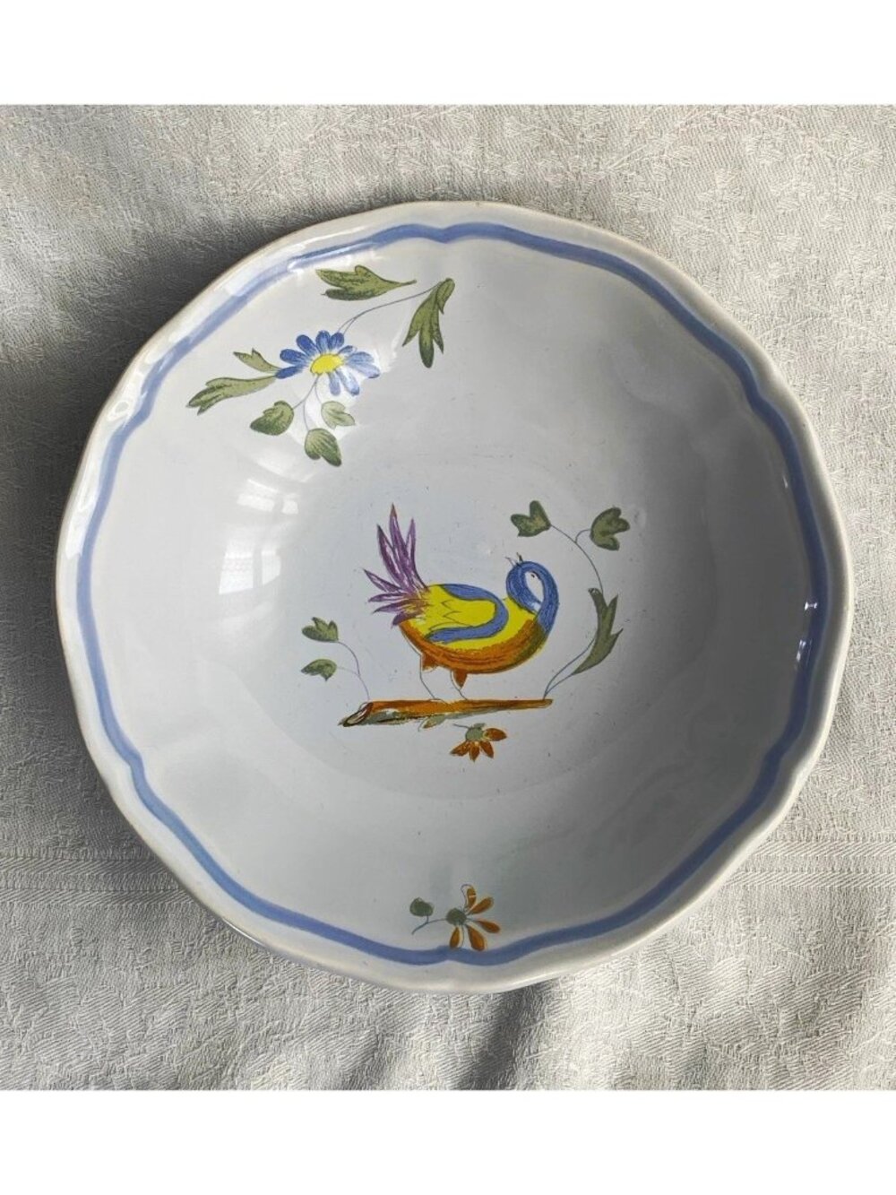Vintage longchamp Porcelain Round Bowl White Blue Rim Bird Floral